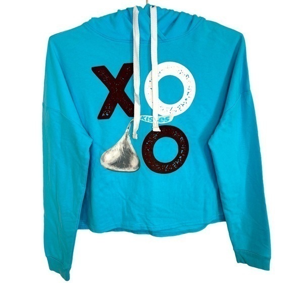 HERSHEYS KISSES LONG SLEEVE CROP HOODIE CHOCOLATE KISS PRINT SHIRT, SIZE M - Picture 1 of 8